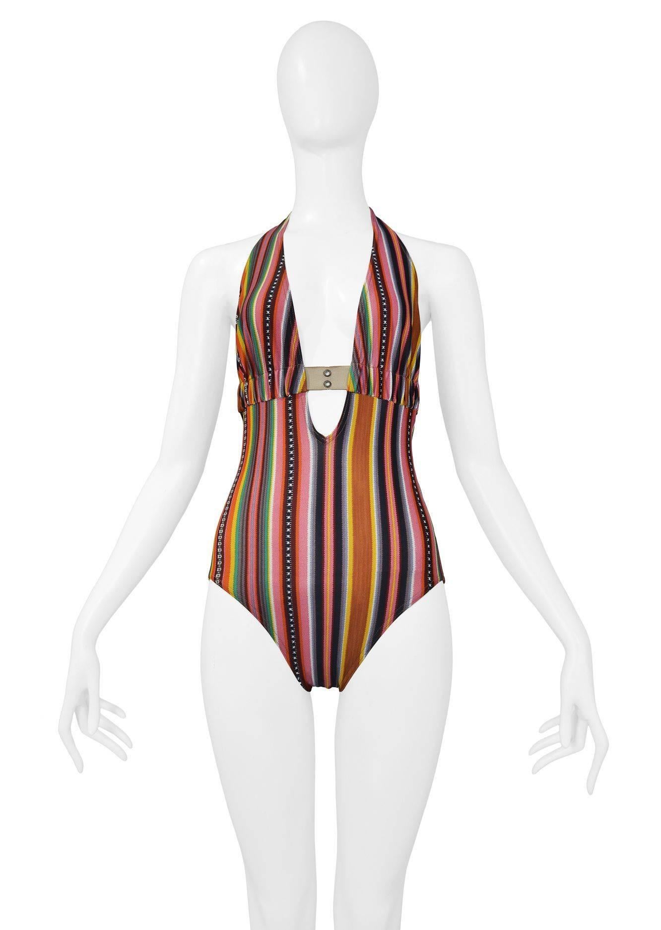 Christian Dior by John Galliano multicolor stripe swimsuit with deep V and grommet cargo straps at bust and across back. Never been worn. Featured on the runway and advertising. Collection SS 2002.