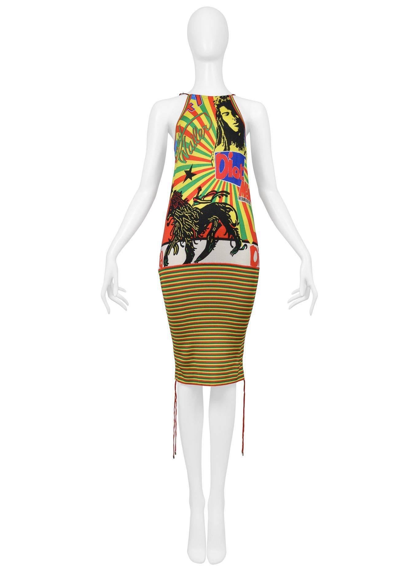 Christian Dior by John Galliano multicolor stripe swimsuit with deep V and grommet cargo straps at bust and across back. Never been worn. Featured on the runway and advertising. Collection SS 2002.