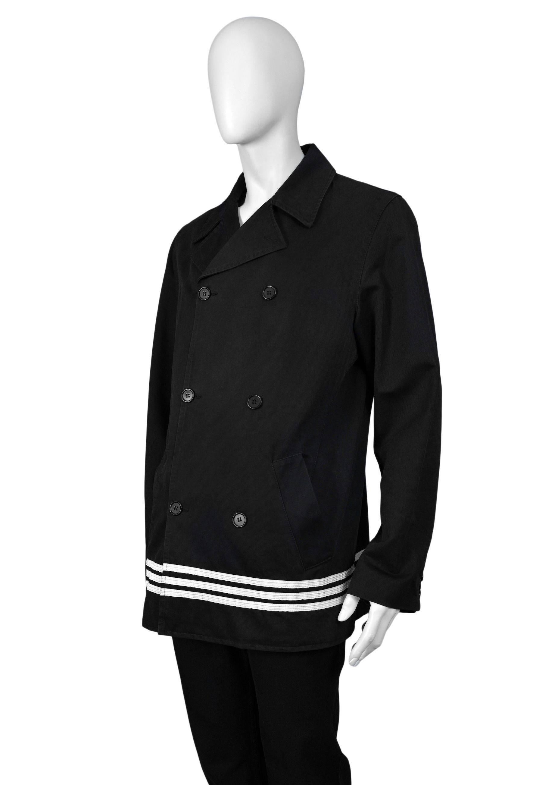 Helmut Lang mens black double breasted peacoat with white stripe trim at hem.