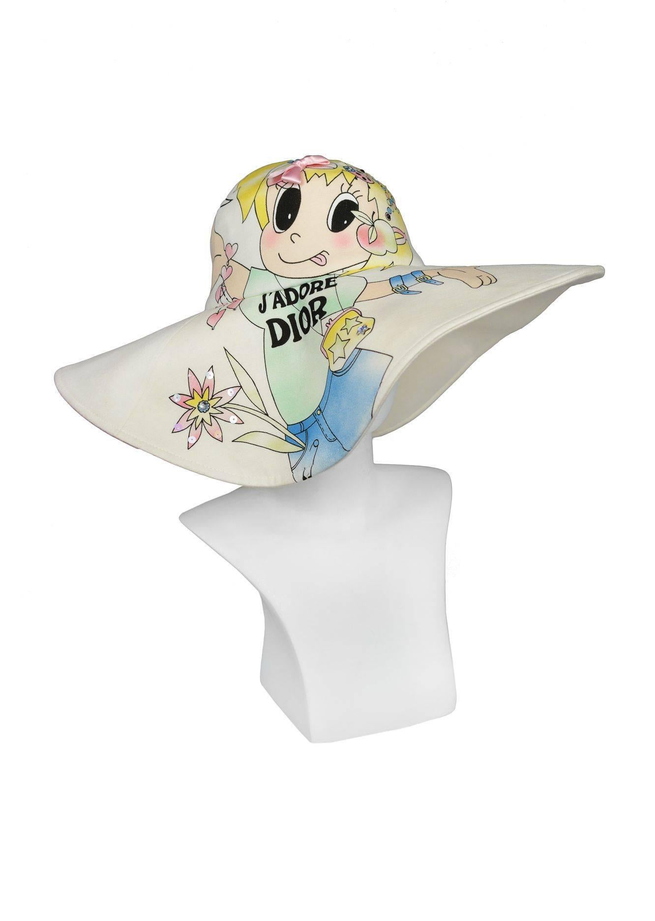 Christian Dior by John Galliano off white floppy hat with cartoon graphic that reads 