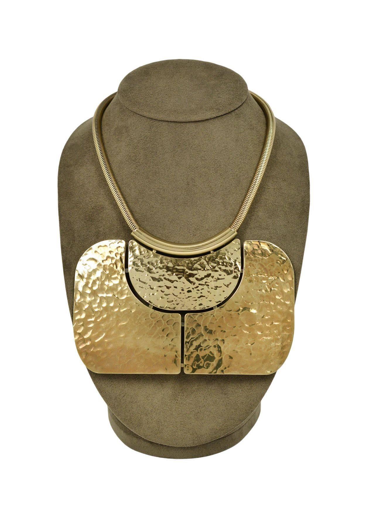 Lanvin by Alber Elbaz brass tone hammered modernist metal bib necklace with coil chain.