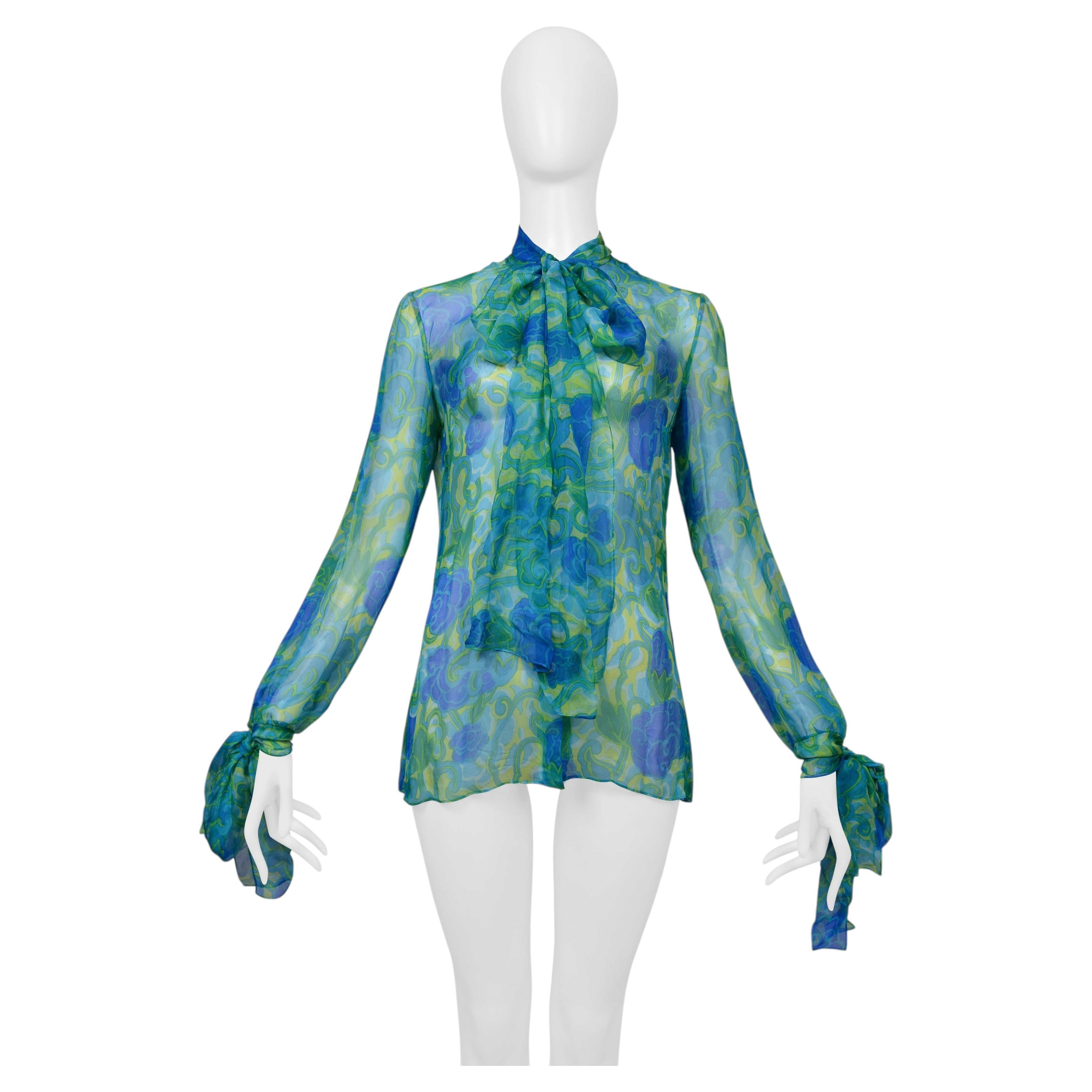 Dolce & Gabbana Blue & Green Floral Chiffon Pussy Bow Blouse
