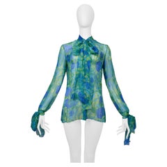 Dolce & Gabbana – Blau-grüne Chiffon-Bluse mit Blumenmuster und Schleife