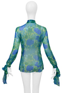 Dolce & Gabbana Blue & Green Floral Chiffon Pussy Bow Blouse