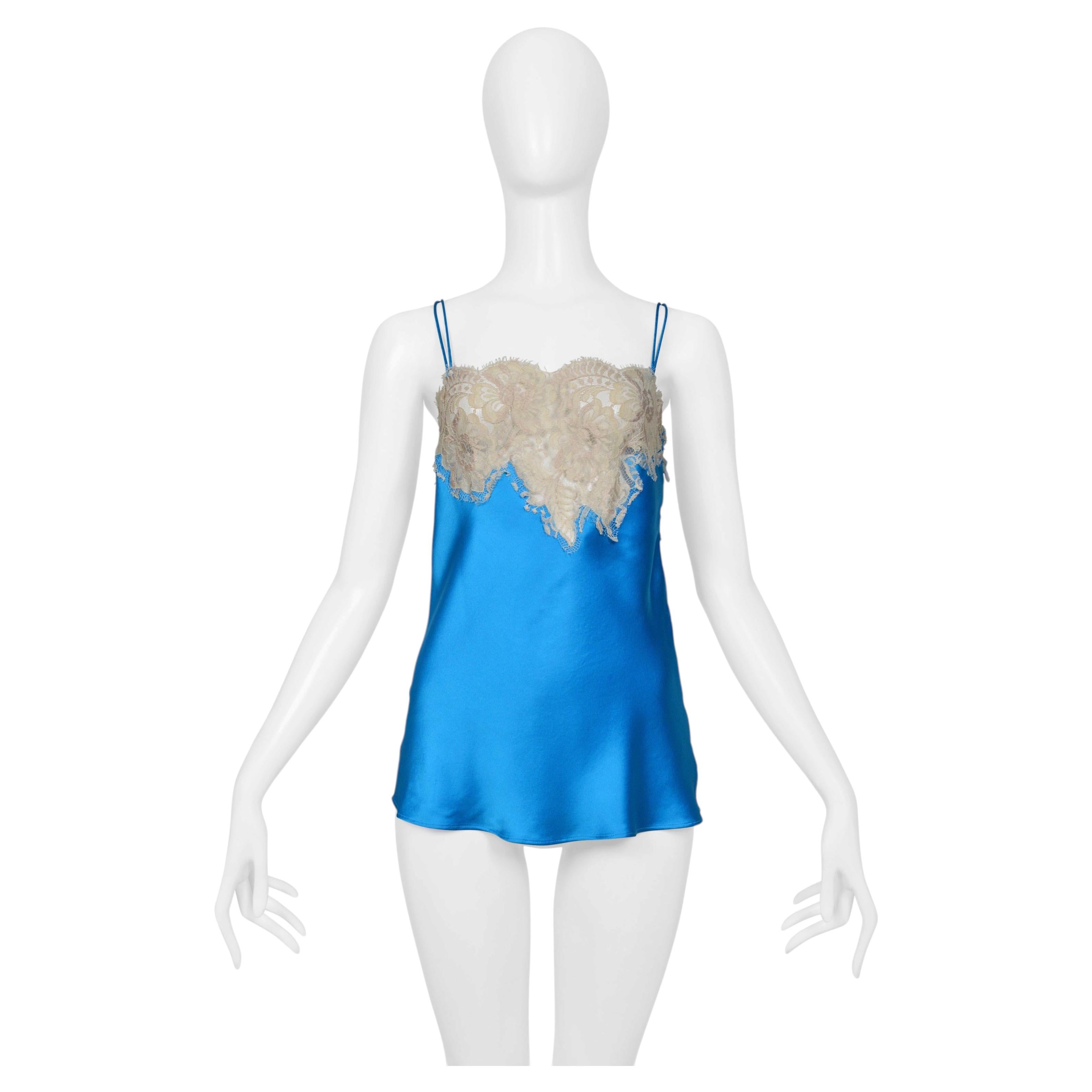 Dolce & Gabbana Blue Satin Camisole Top With Off White Lace Cir. 2002 For Sale