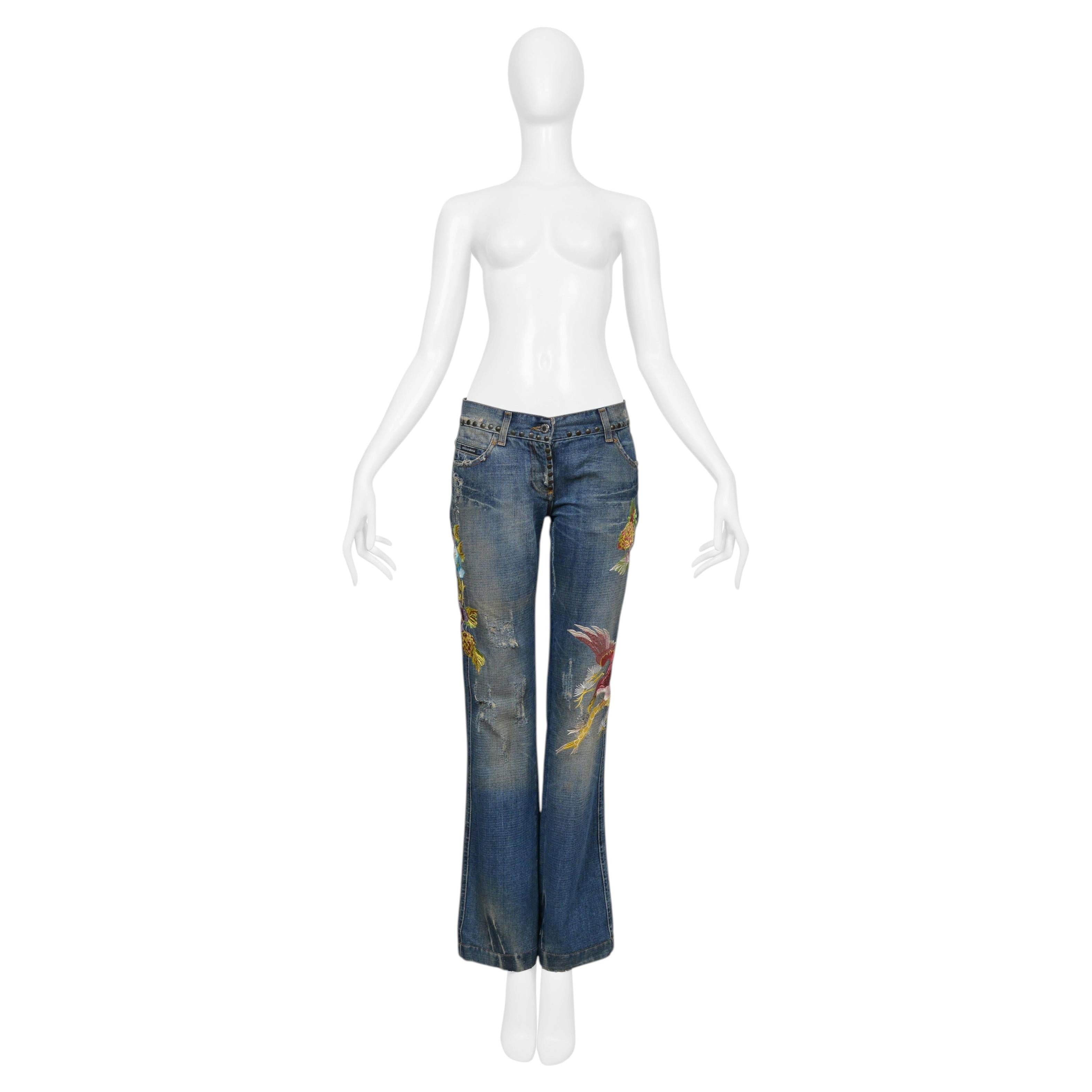 Dolce & Gabbana Distressed Blue Denim "Hawaii" Jeans With Embroidery