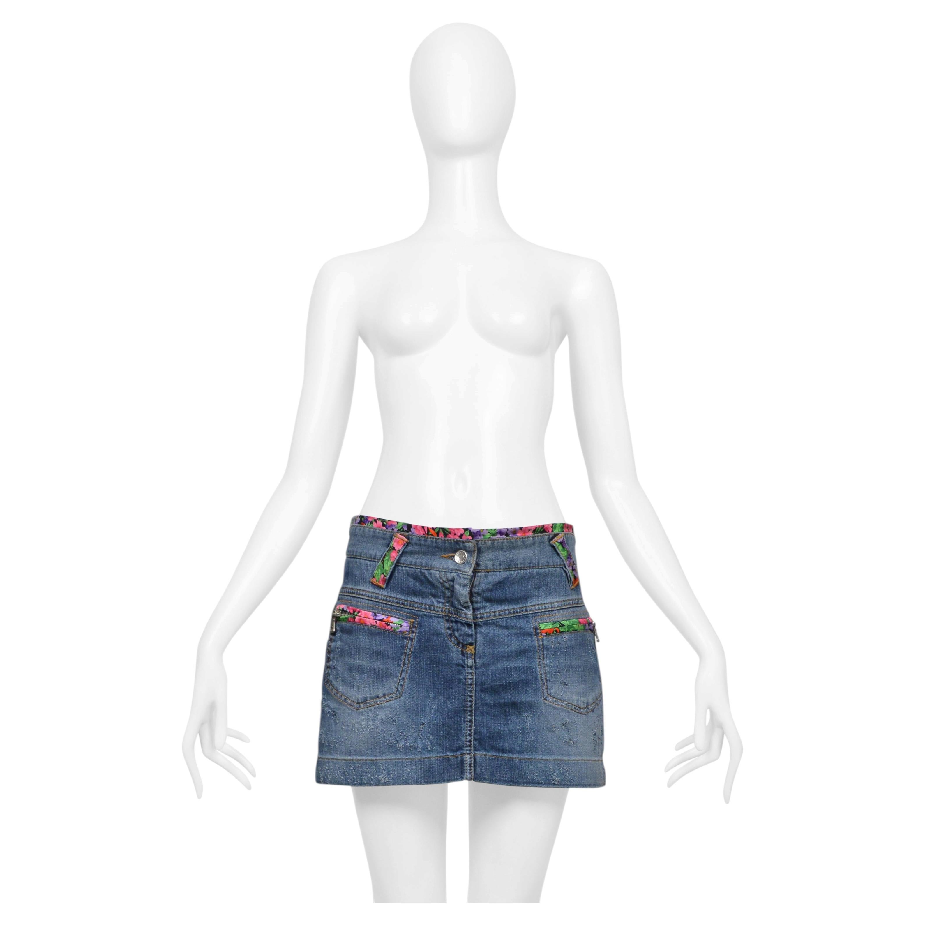 Dolce & Gabbana Blue Denim Super-Mini Skirt With Floral Trim For Sale