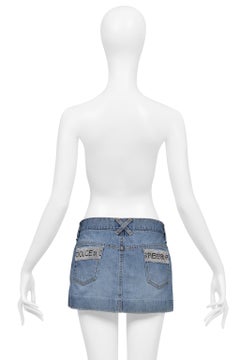 Dolce & Gabbana Blue Denim Wash Distressed Super-Mini Skirt With Rhinestones