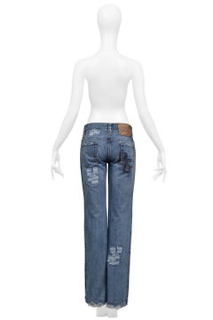 Dolce & Gabbana Distressed Blue Denim Western Jeans With Heavy Stitching