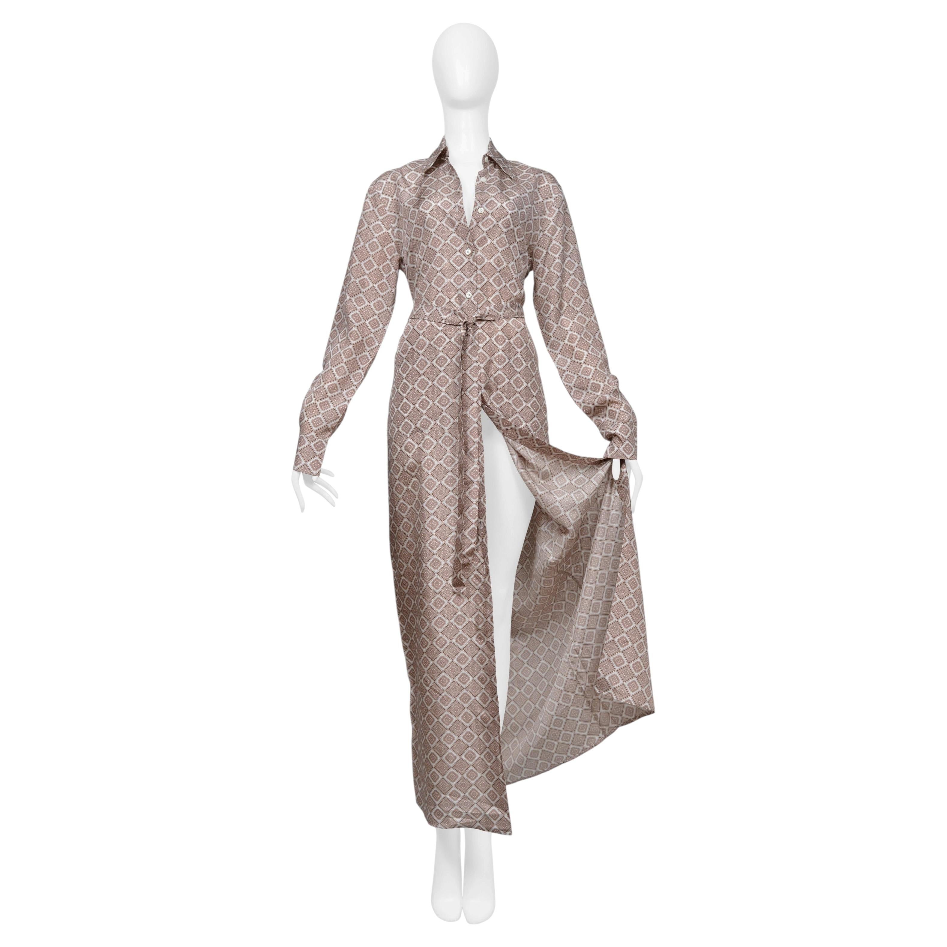 Prada Brown And White Silk Robe Dress With Diamond Print For Sale