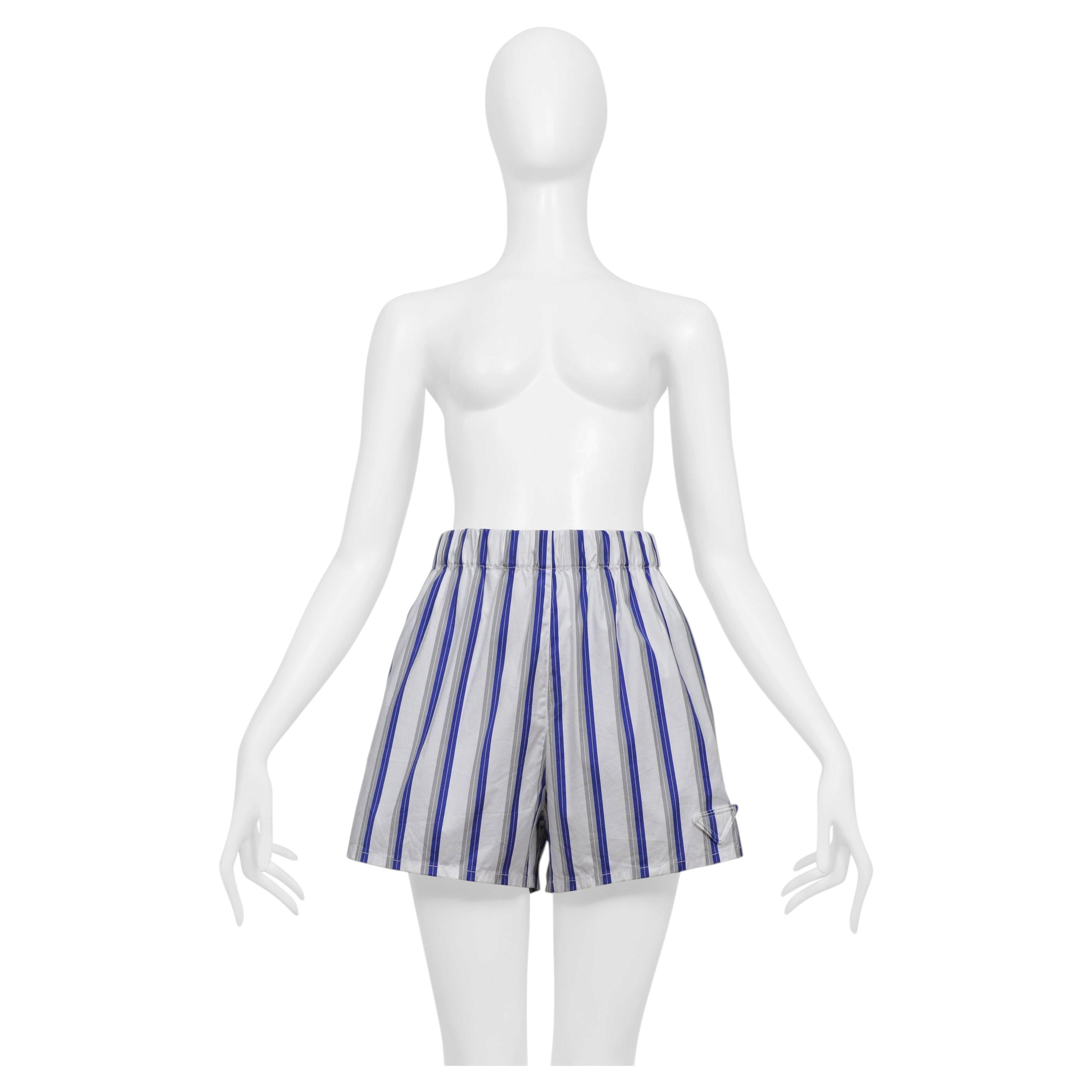 Prada White And Blue Stripe Cotton Mini Shorts