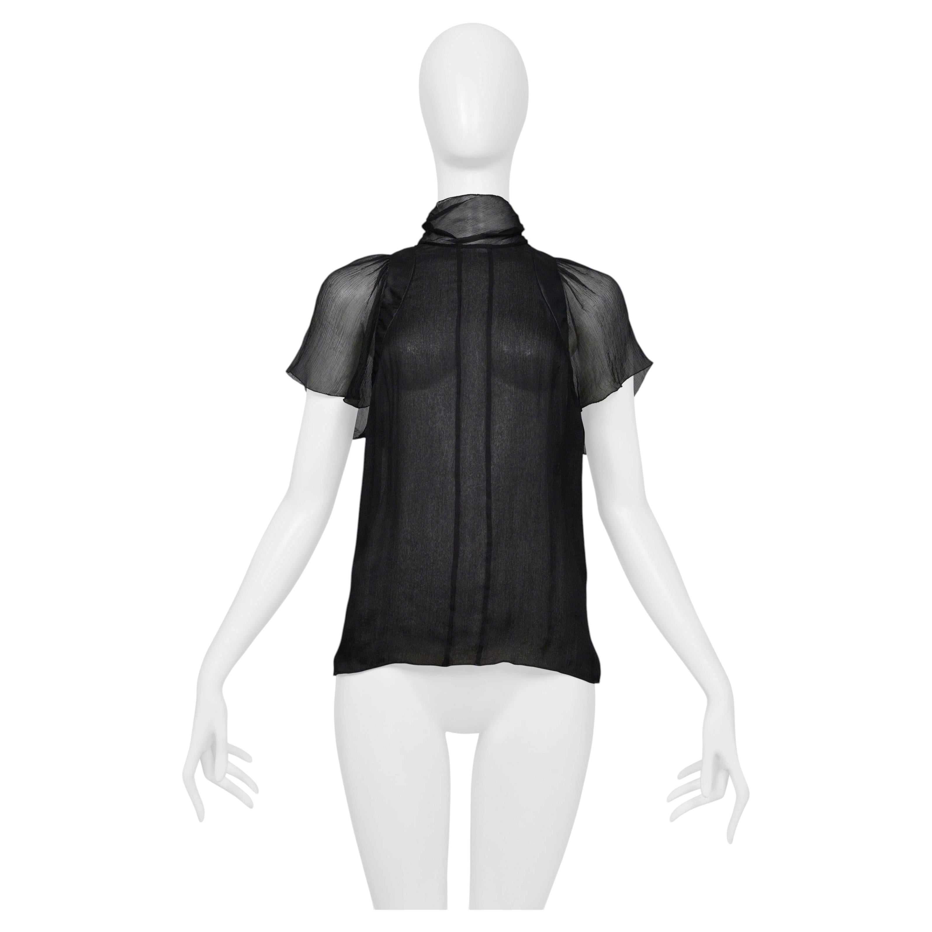Schwarzes, transparentes Chiffon-Oberteil von Prada aus Seide mit Schmetterlingsausschnitt am Rücken