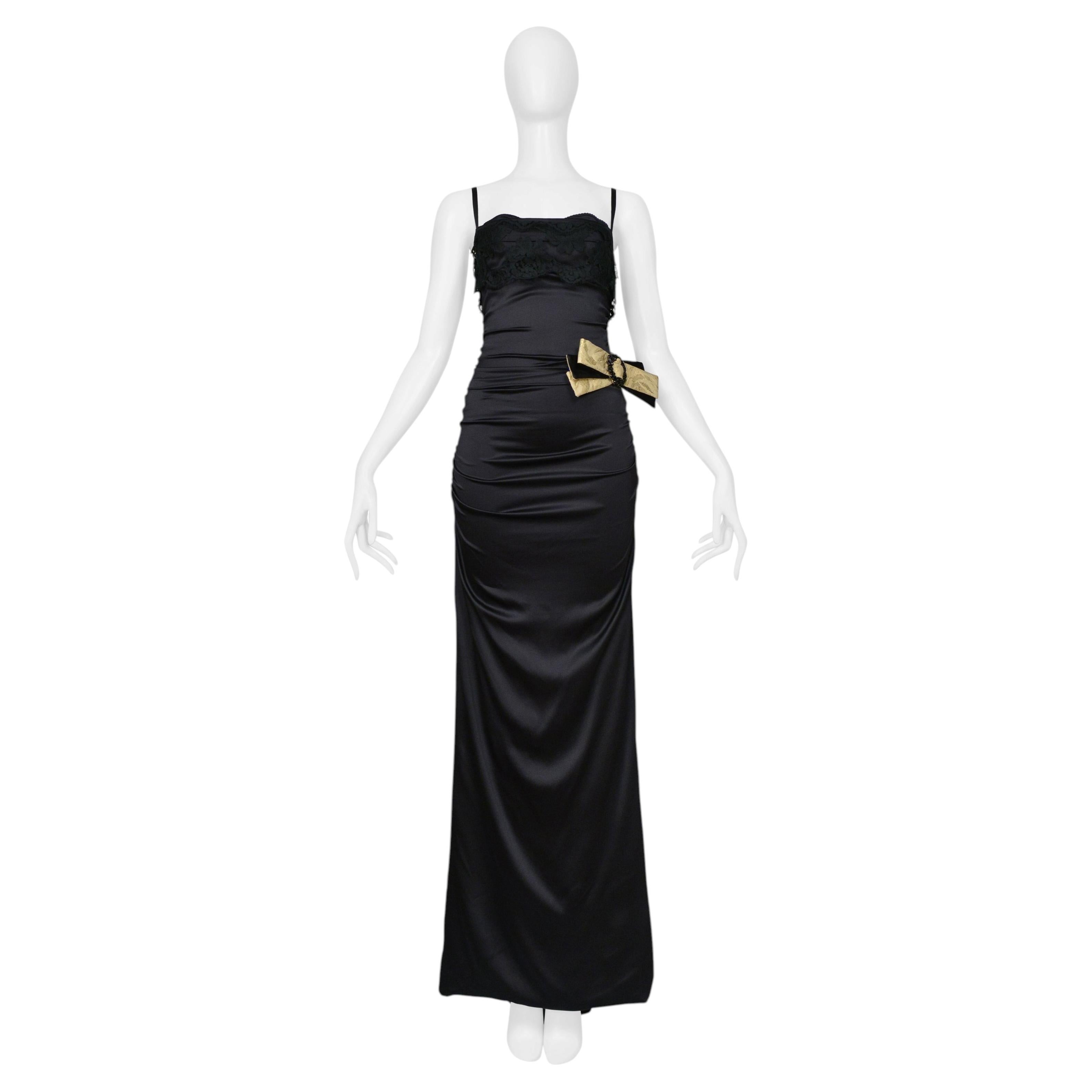 Dolce & Gabbana Black Satin Dress Evening Gown With Lace And Gold Bow