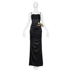 Schwarzes Satinkleid von Dolce & Gabbana – Abendkleid mit Spitze und goldener Schleife