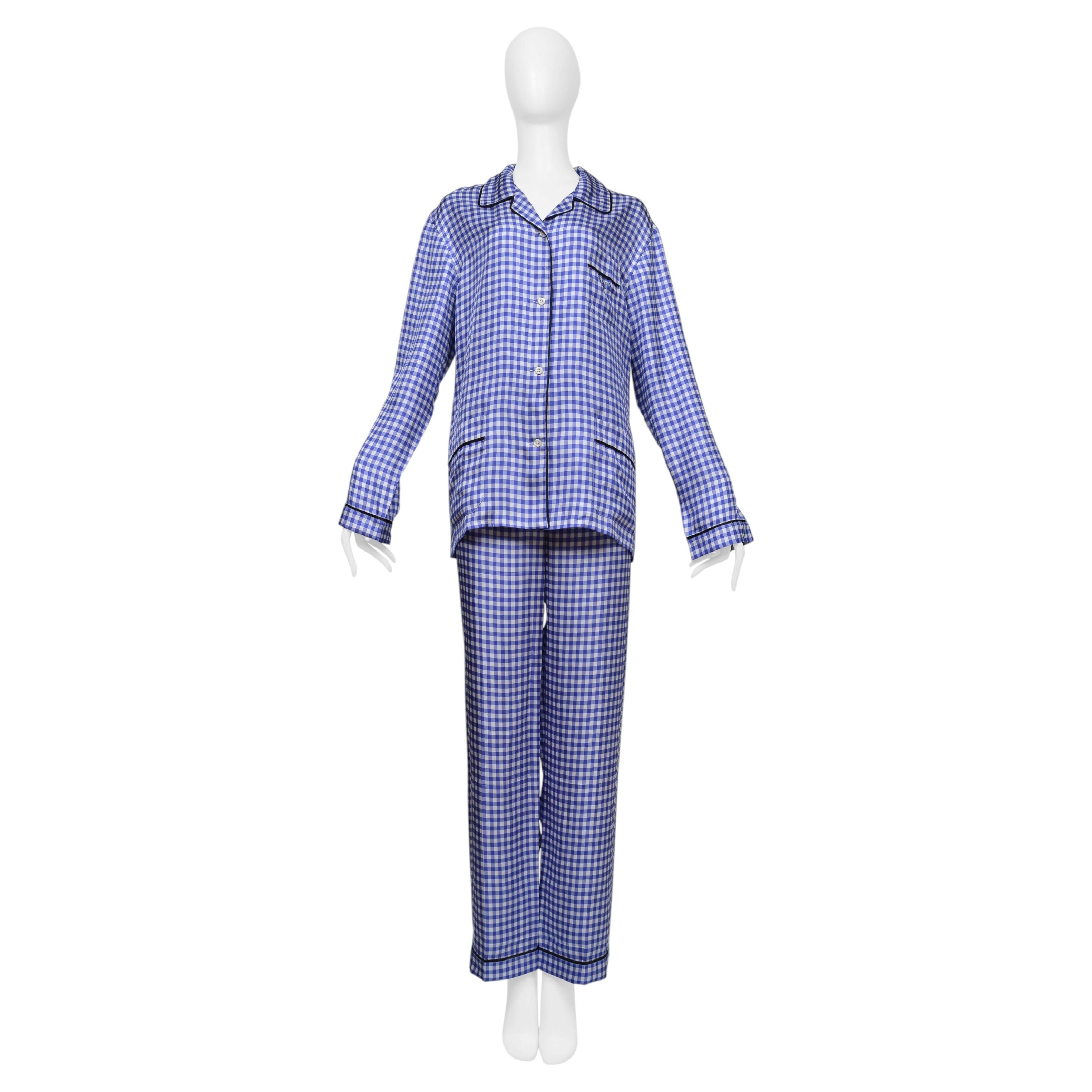 Pre-owned Prada Silk Blue And White Checkered Pajama Ensemble With Black Piping 2022