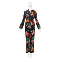 Valentino Black With Tropical Print Silk Pajama Shirt And Pants Ensemble
