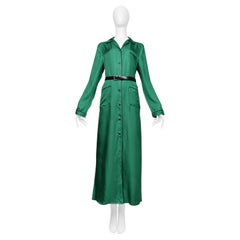 Prada Green Silk Robe Dress With Black Piping And Black Belt