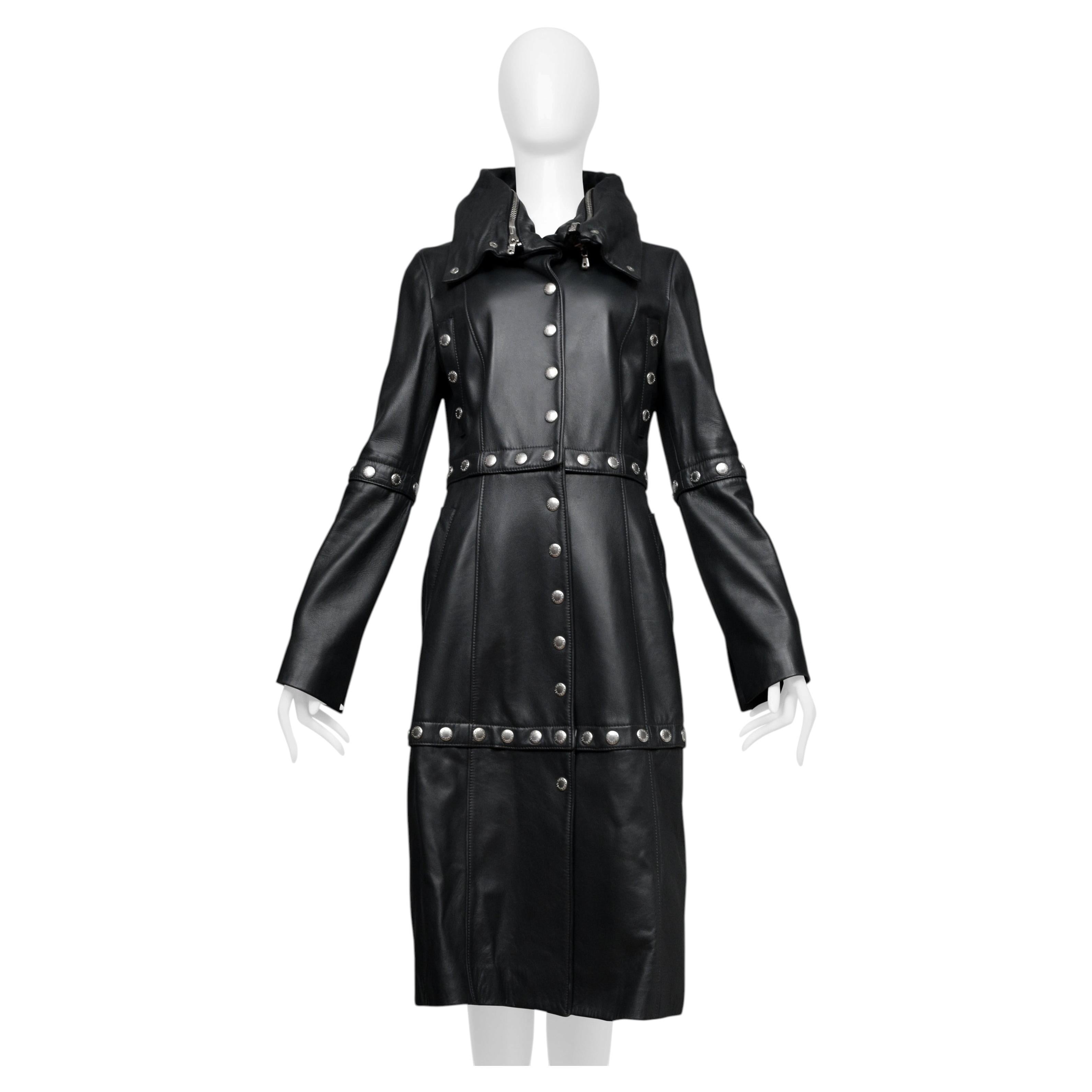 Dolce & Gabbana Black Leather Coat With High Neck And Snaps For Sale