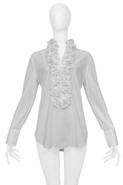 Dolce & Gabbana White Blouse With Deep V Neckline & Ruffles