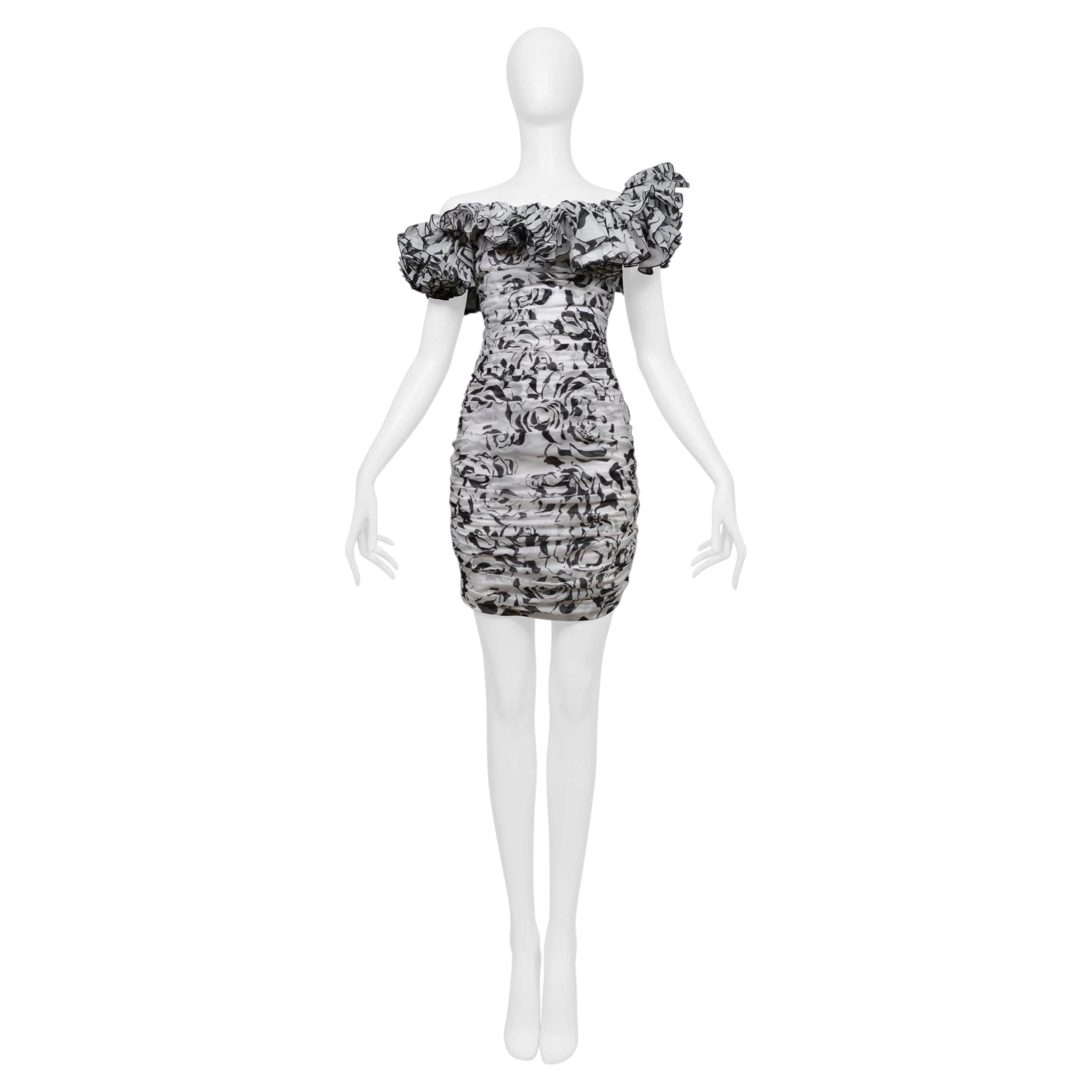 Alexandre Vauthier White And Black Party Dress With Ruffle Neckline