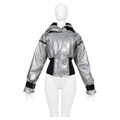 Blouson aviateur Dolce & Gabbana en nylon métallisé argenté, avec bordures noires et fermetures éclair