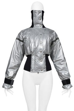 Dolce & Gabbana Silver Metallic Nylon Bomber With Black Trim & Zippers