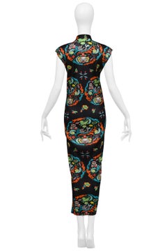 Issey Miyake Pleats Please Black Dress With Multicolor Print And Mandarin Collar