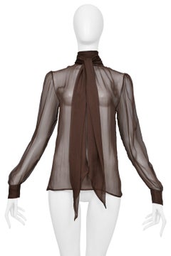 Saint Laurent Paris Brown Sheer Top With Attached Tie