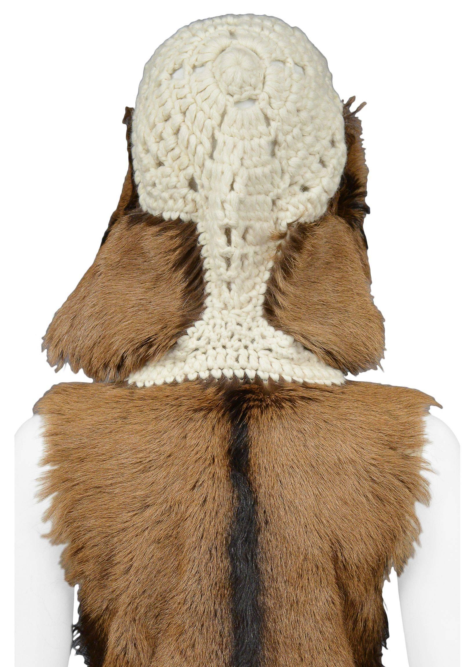 Christian Dior By John Galliano cream crochet and brown alpaca fur vest with exposed zipper and knit hood detail. Collection AW 2001.