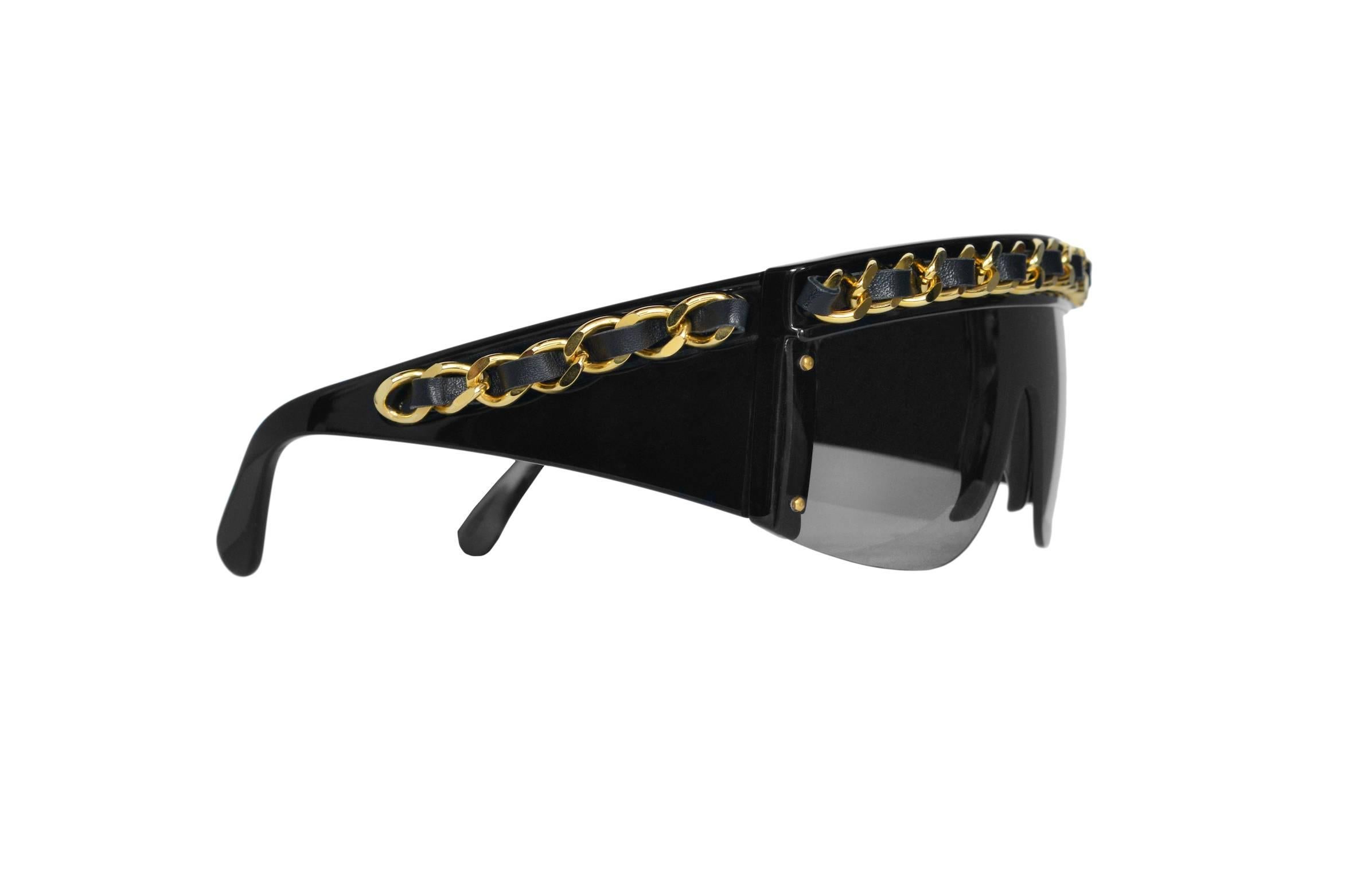 Women's Iconic Chanel Chain & Leather Oversized Black Sunglasses 1992 