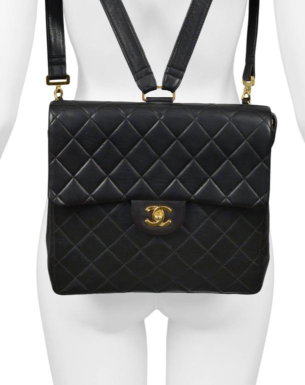 Unusual Chanel Square Quilted Black Leather Backpack Bag With Chain