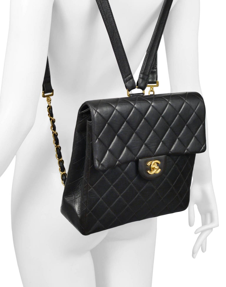 Unusual Chanel Square Quilted Black Leather Backpack Bag With Chain