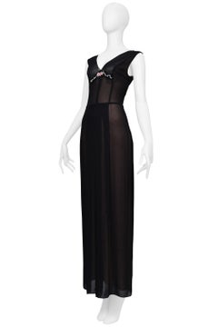 Blumarine Long Sheer Black Silk Dress With Floral Embroidery 1999