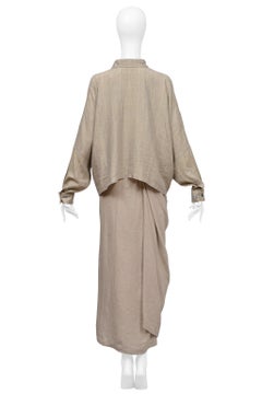 Shirin Guild Beige Linen Checkered Top And Draped Skirt Ensemble 2000
