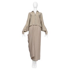 Shirin Guild Beige Linen Checkered Top And Draped Skirt Ensemble 2000