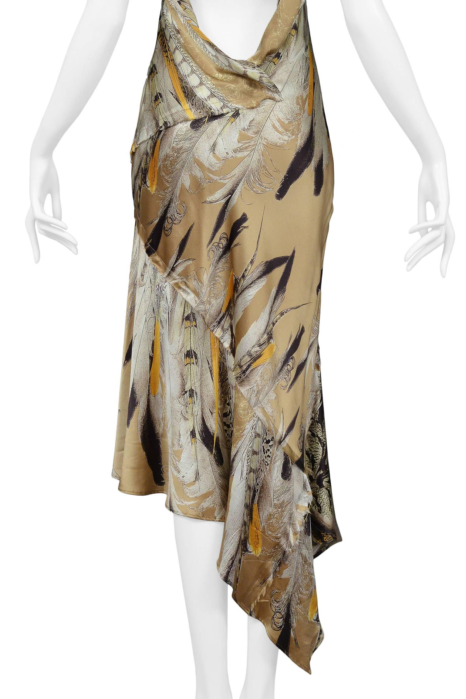 Roberto Cavalli Satin Feather Slip Dress With Open Cowl Back & Asymmetrical Hem 2