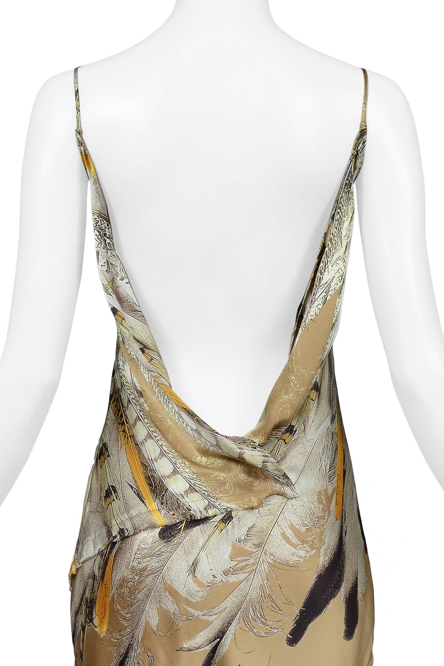 Women's Roberto Cavalli Satin Feather Slip Dress With Open Cowl Back & Asymmetrical Hem