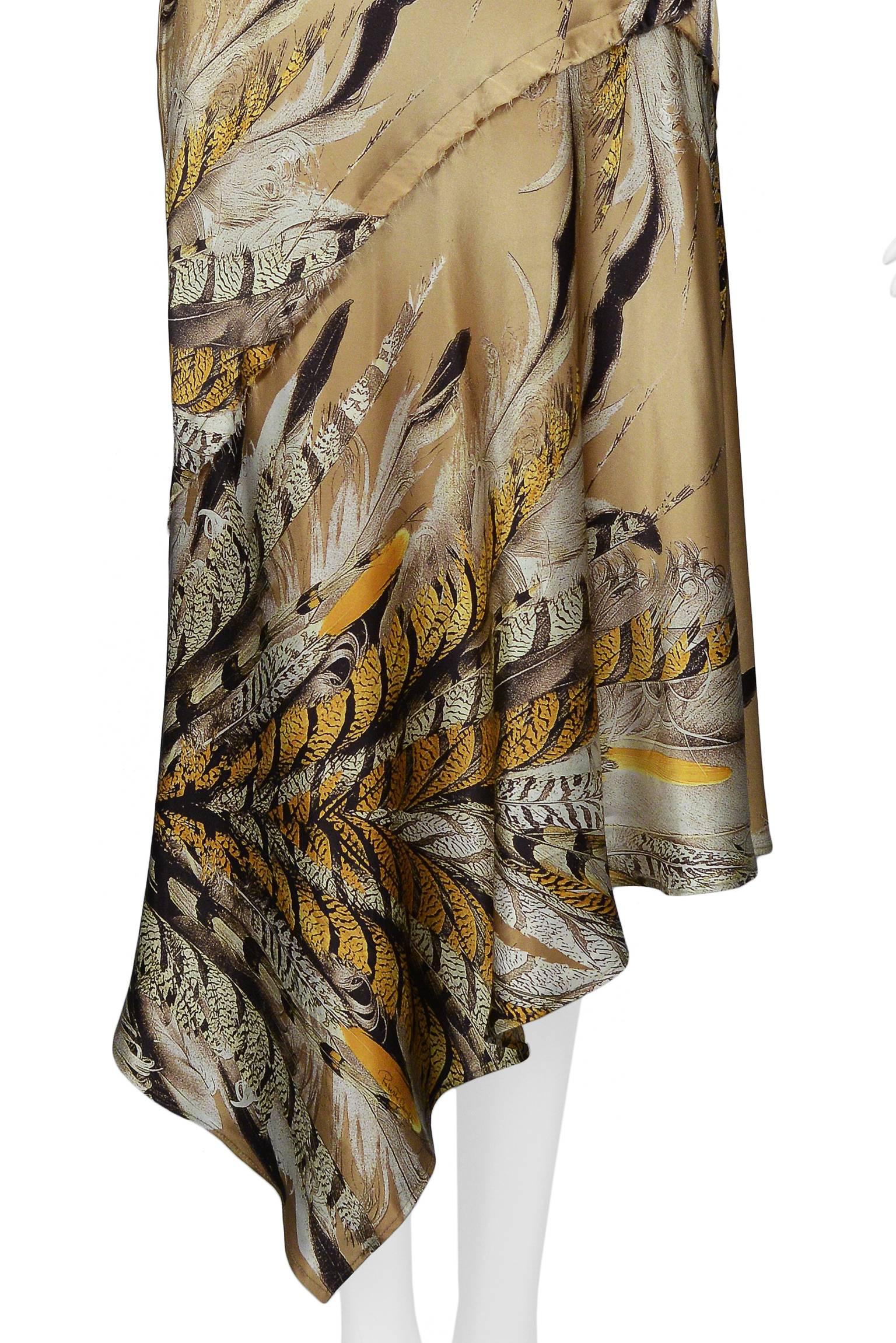 Roberto Cavalli Satin Feather Slip Dress With Open Cowl Back & Asymmetrical Hem In Excellent Condition In Los Angeles, CA