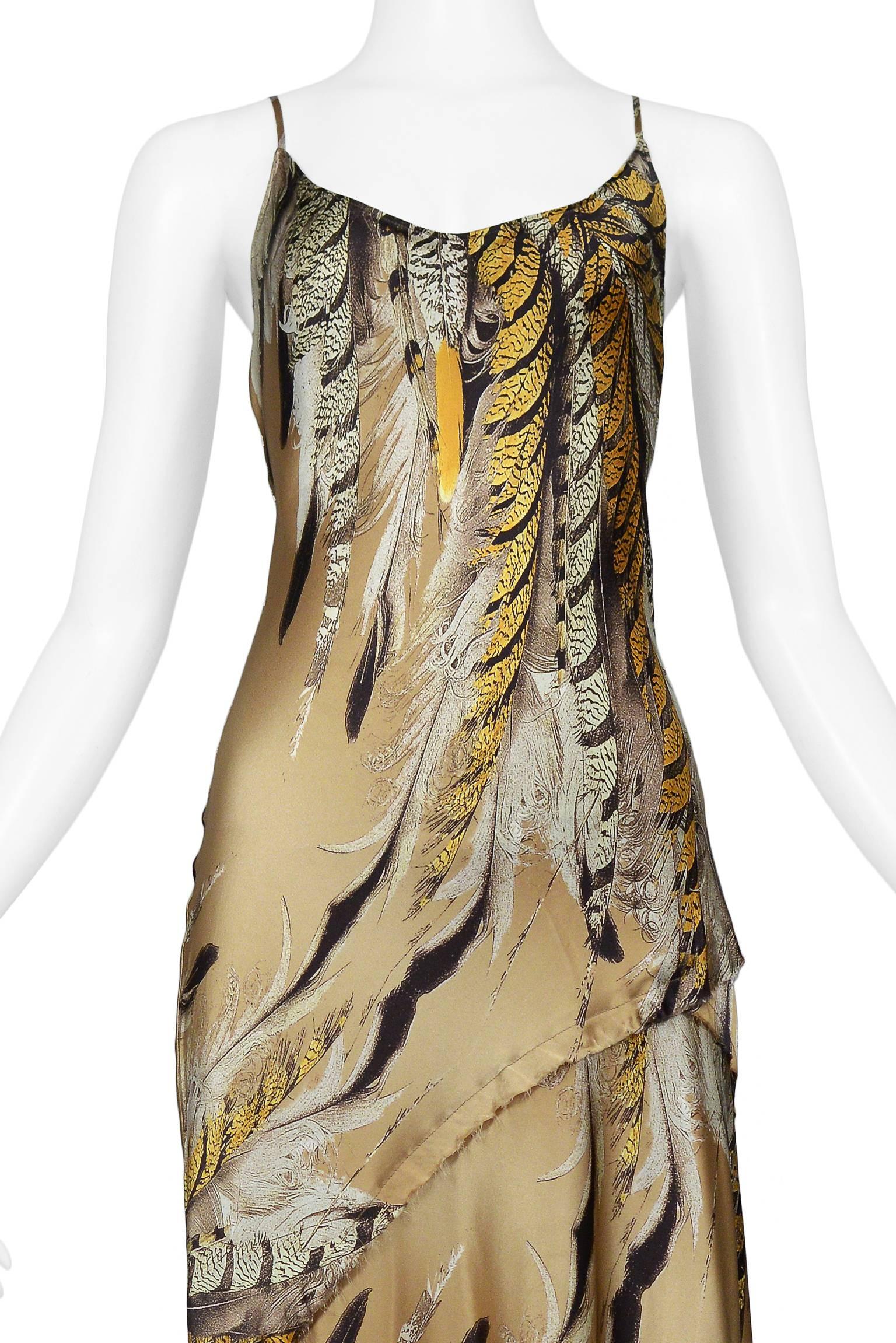 Brown Roberto Cavalli Satin Feather Slip Dress With Open Cowl Back & Asymmetrical Hem