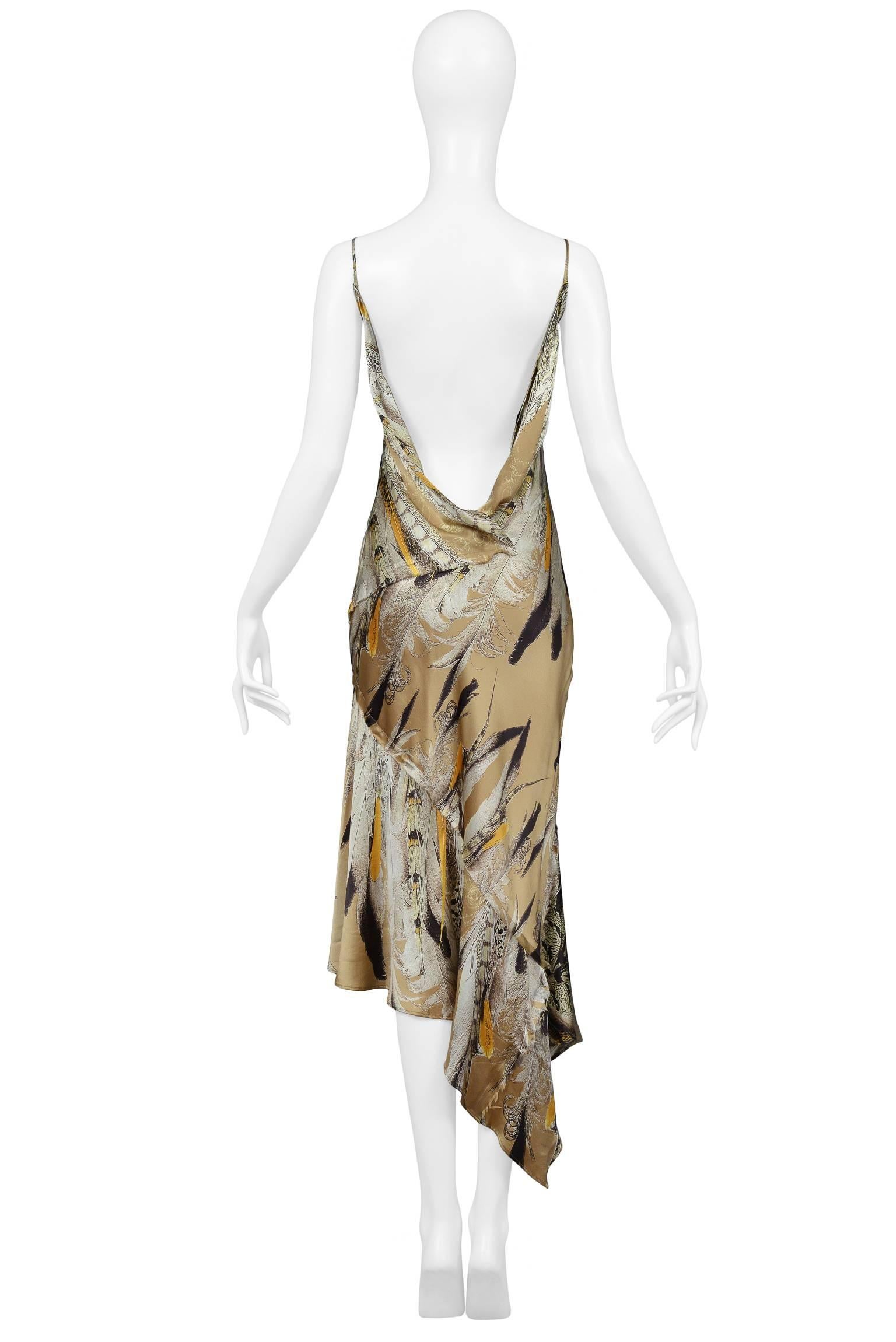 Roberto Cavalli Satin Feather Slip Dress With Open Cowl Back & Asymmetrical Hem 1