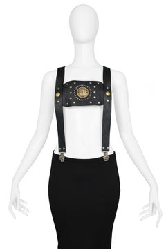 Rare Versace Leather Studded Suspender w Medusa Hardware & Elastic 1990s
