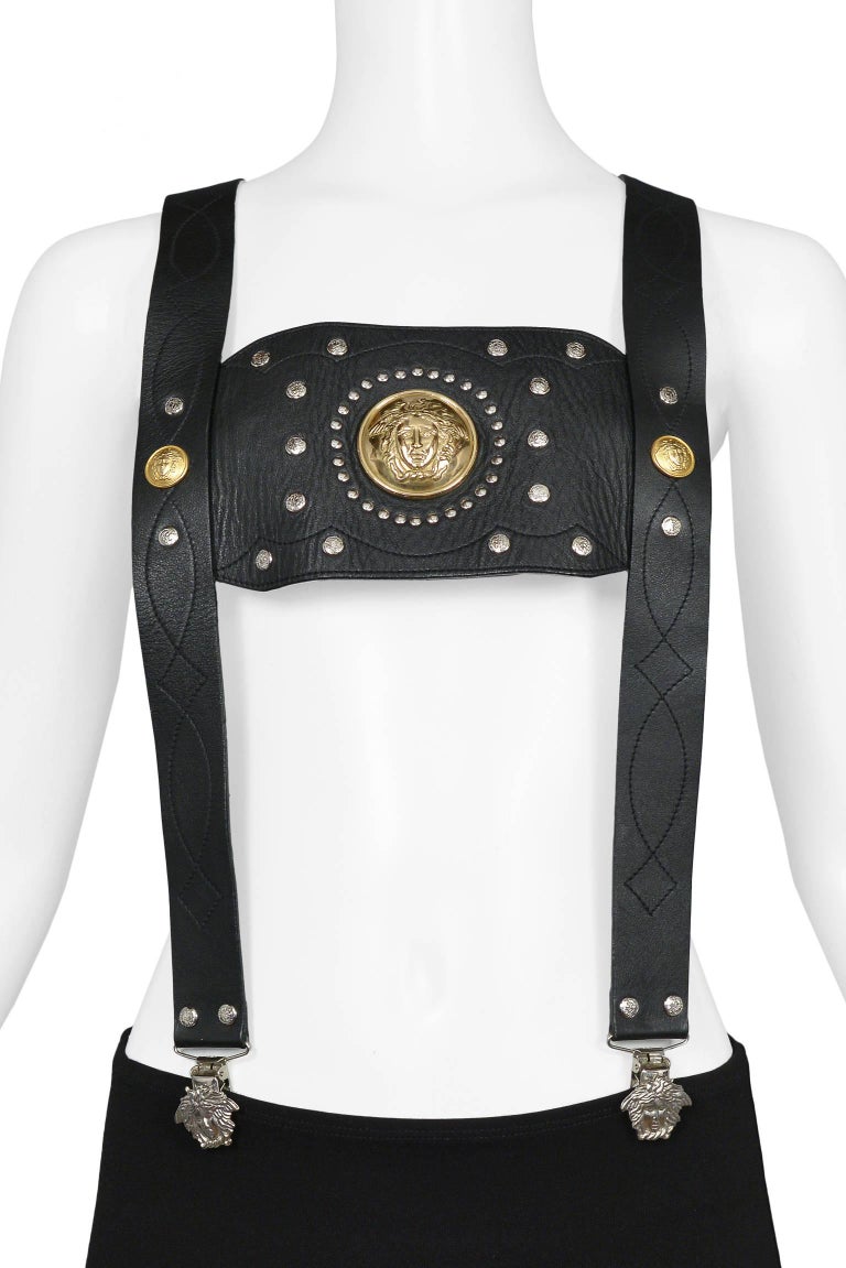 Rare Versace Leather Studded Suspender w Medusa Hardware & Elastic 1990s
