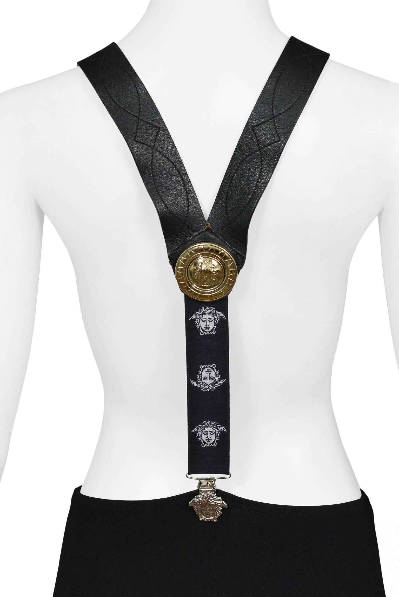 Rare Versace Leather Studded Suspender w Medusa Hardware & Elastic 1990s In Excellent Condition In Los Angeles, CA