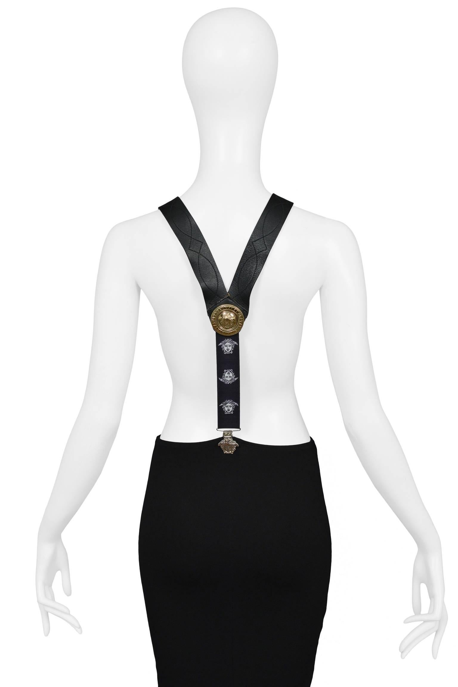 Women's or Men's Rare Versace Leather Studded Suspender w Medusa Hardware & Elastic 1990s