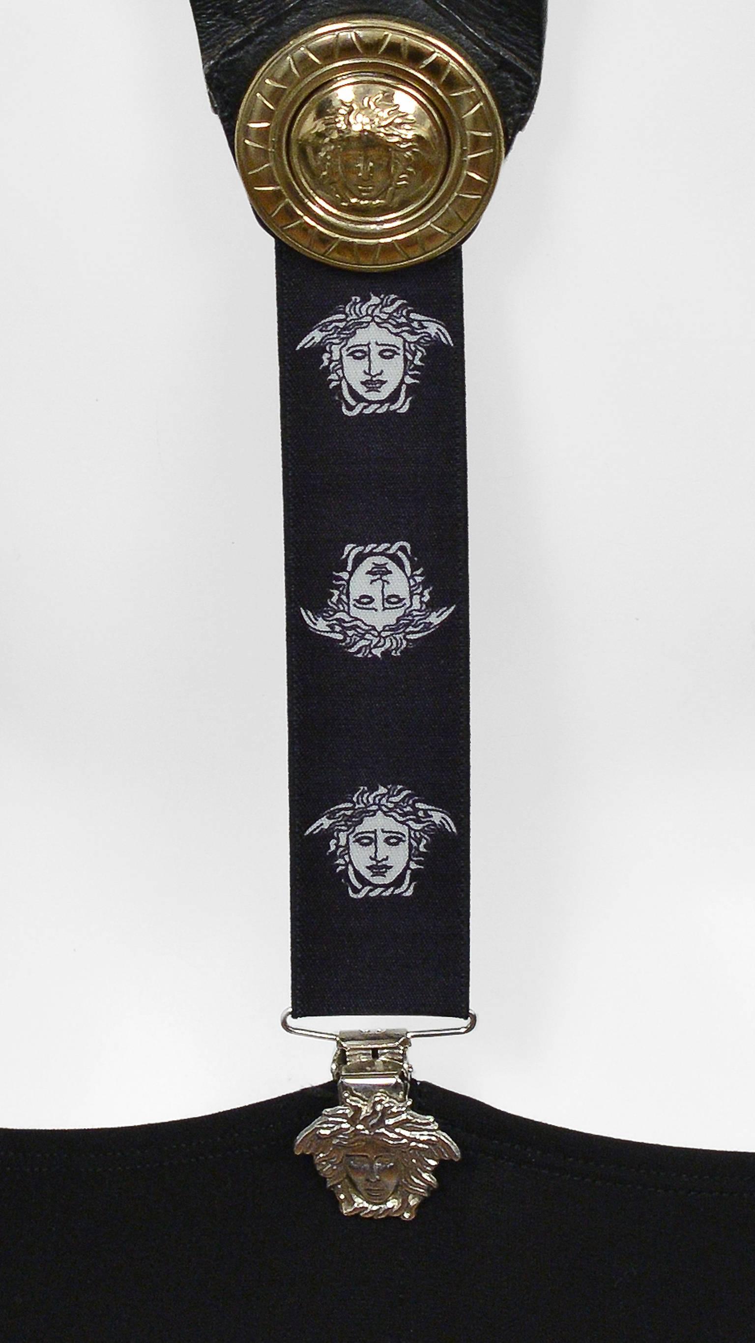 Rare Versace Leather Studded Suspender w Medusa Hardware & Elastic 1990s 1