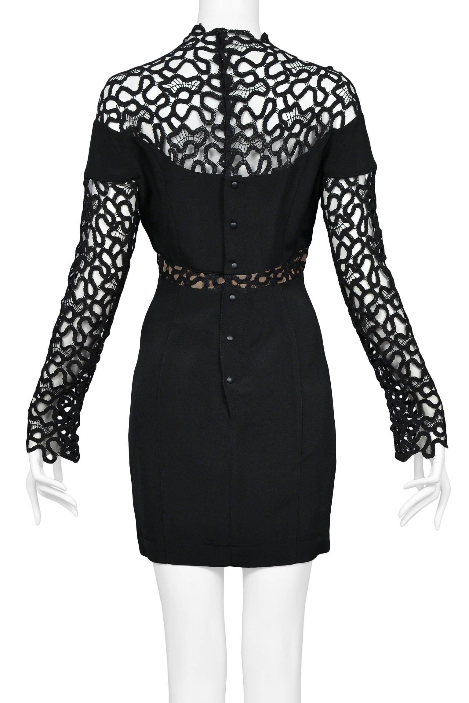Thierry Mugler Black Lace & Insets Long Sleeve Mini Cocktail Dress  In Excellent Condition In Los Angeles, CA