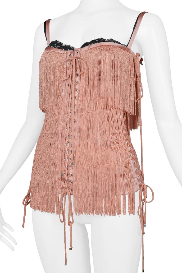 Dolce and Gabbana Pink Fringe and Lace Up Corset Bustier Top 2003 For