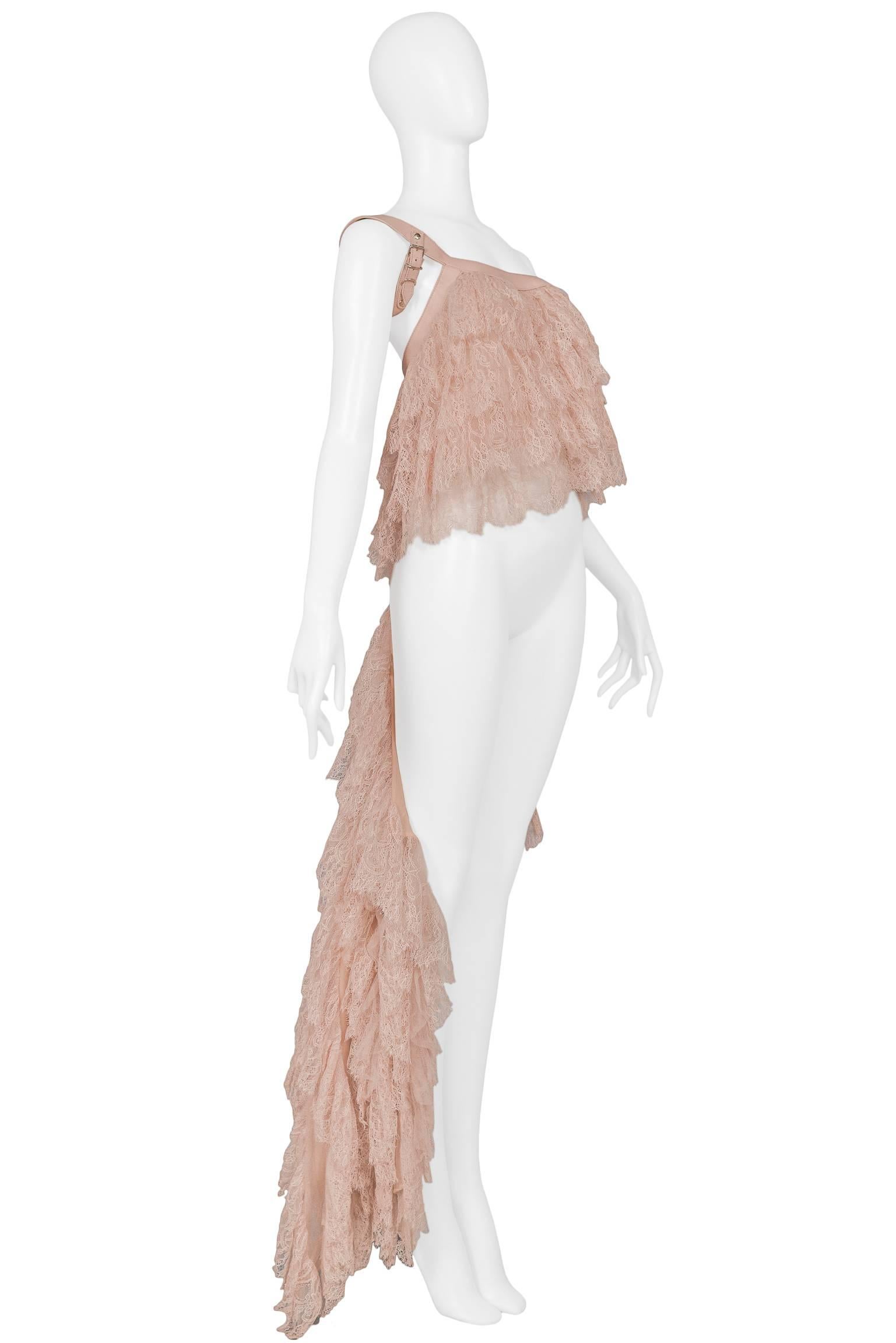 Beige Alexander McQueen Pink Lace Asymmetrical Ruffle Ball Gown Top w Leather 2007 