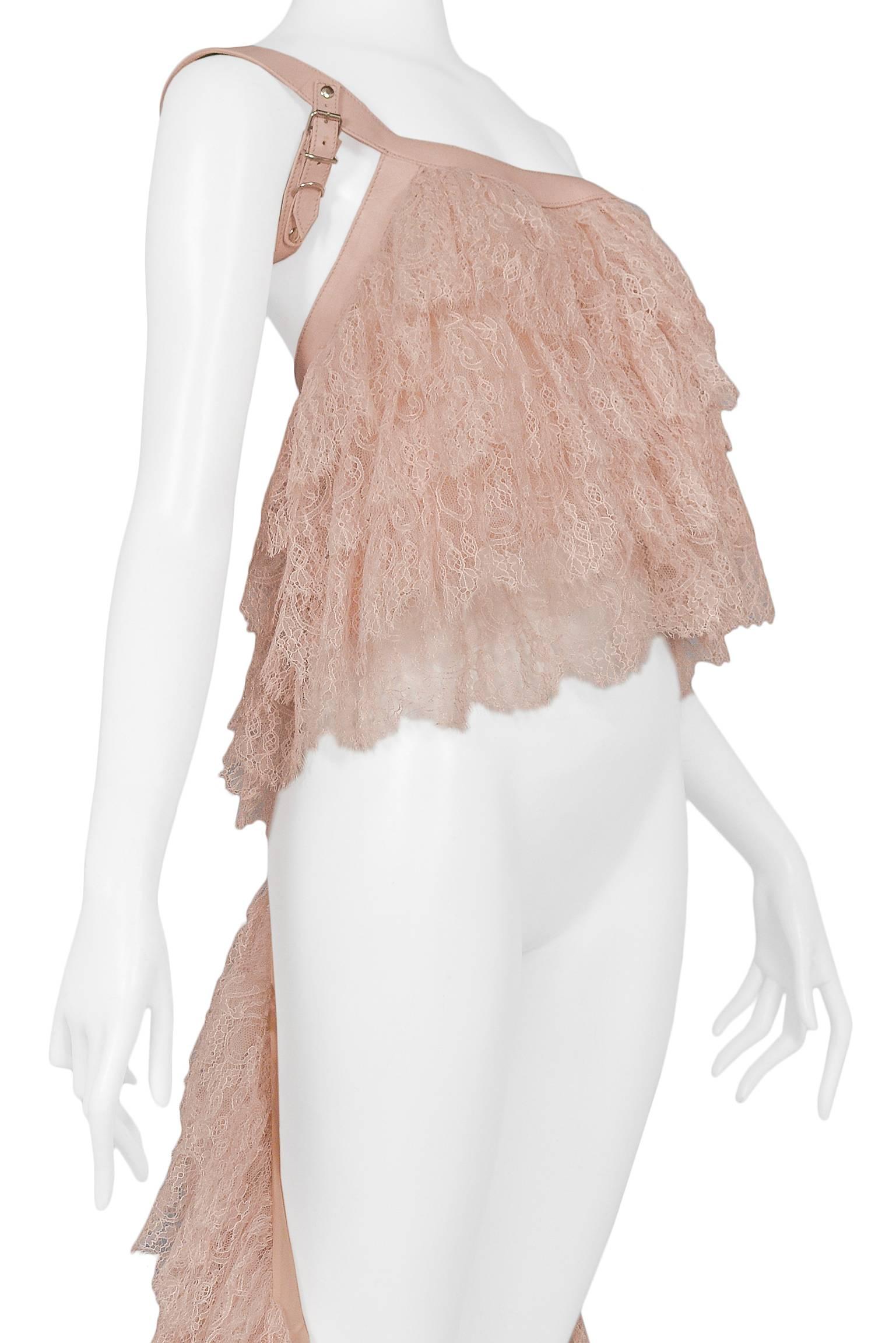 Alexander McQueen Pink Lace Asymmetrical Ruffle Ball Gown Top w Leather 2007  In New Condition In Los Angeles, CA