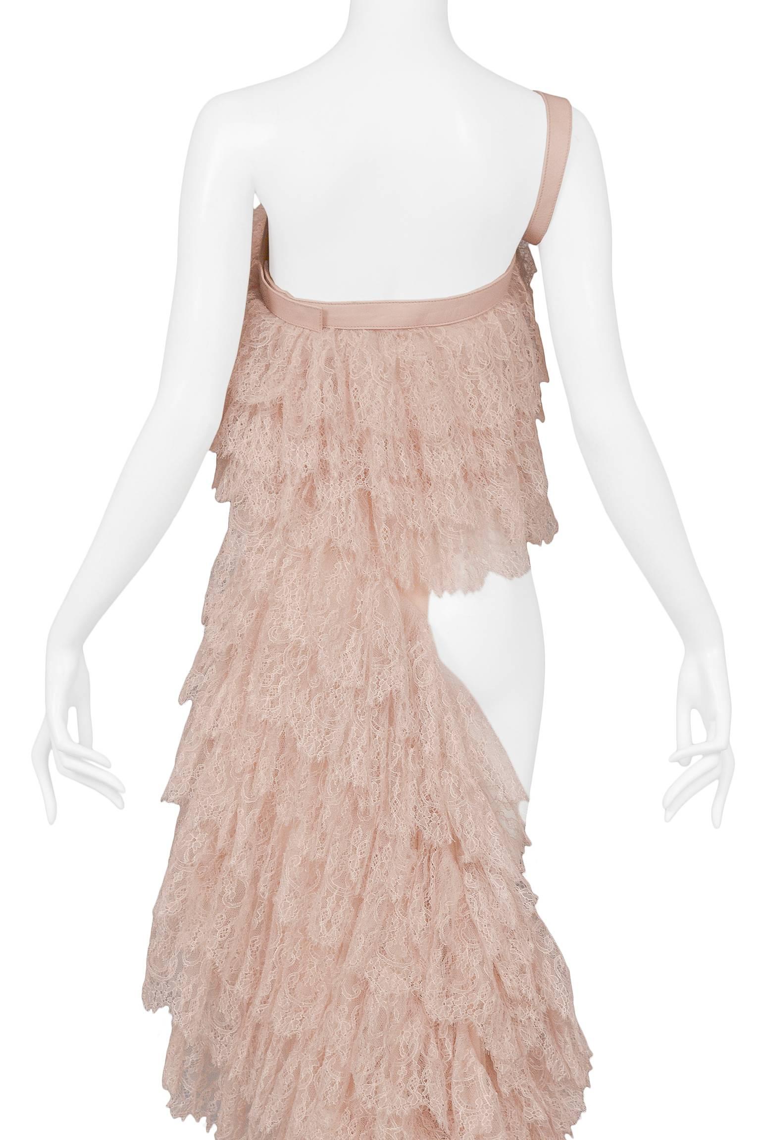 Alexander McQueen Pink Lace Asymmetrical Ruffle Ball Gown Top w Leather 2007  2